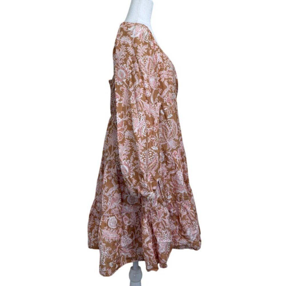 Roller Rabbit Printed Dress Long Sleeve Smocked Boho Cotton Silk Blend Womens L - Picture 2 of 8